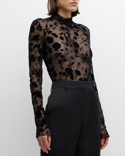 Shop Givenchy 4g Floral Velvet Burnout Long-sleeve Bodysuit In Black