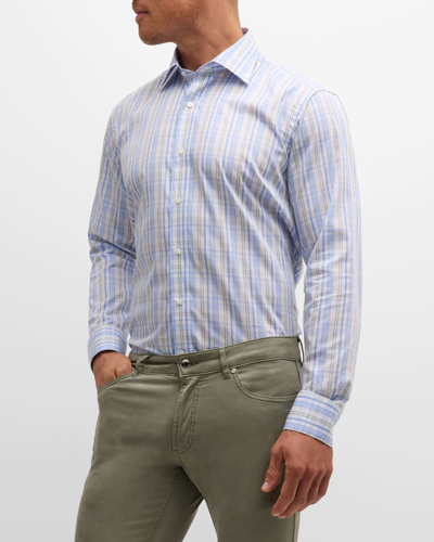 Shop Peter Millar Men's Viggo Check-print Cotton Sport Shirt In Blue Frost