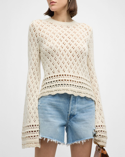 Shop Frame Crochet Knit Long-sleeve Top In Ecru