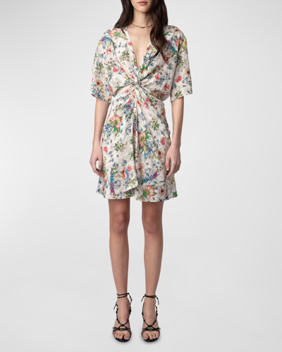 Shop Zadig & Voltaire Rozom Twisted Garden Silk Mini Dress In Vanille