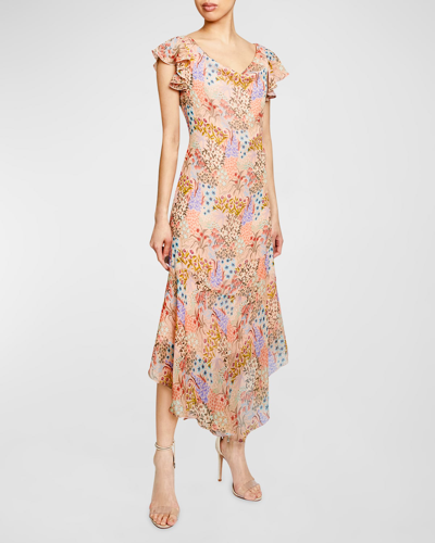 Shop Santorelli Laurel Floral-print Flutter-sleeve Midi Dress In Cornflower