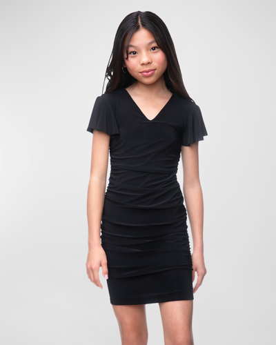 Shop Un Deux Trois Girl's Ruched Flutter Sleeve Dress In Black