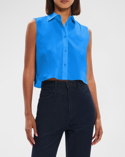 Shop Theory Cropped Sleeveless Cotton Shirt In Wave