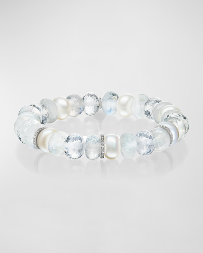 Shop Sheryl Lowe White 8mm Mixed Bead Bracelet With 3 Diamond Rondelles In White Mix