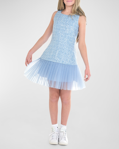 Shop Zoe Girl's Crystal Tweed & Tulle Dress In Blue