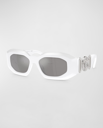 Shop Versace Medusa Plastic Rectangle Sunglasses In Silver Mirror