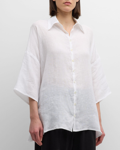 Shop Eskandar Sloped Shoulder Wide A-line Shirt With Collar (long Length) In White