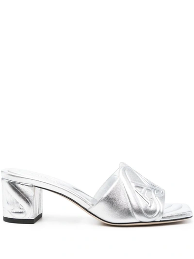 Shop Alexander Mcqueen Metallic Leather Heel Sandals In Silver