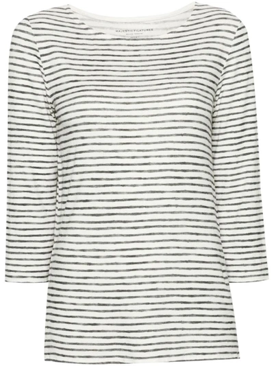 Shop Majestic Filatures Striped Linen Blend Boat-neck T-shirt In Black
