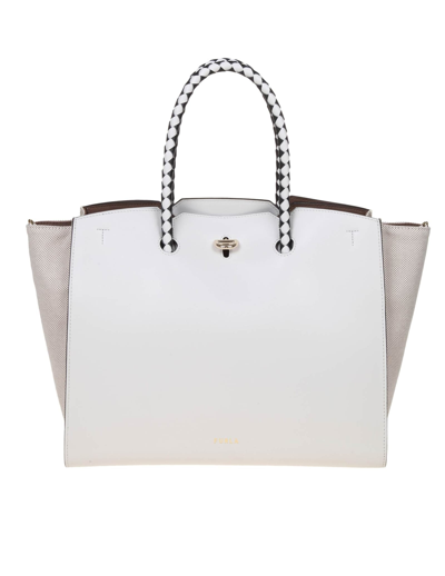Shop Furla Shopping Genesi L Tote In Leather And Fabric In Black / Grey