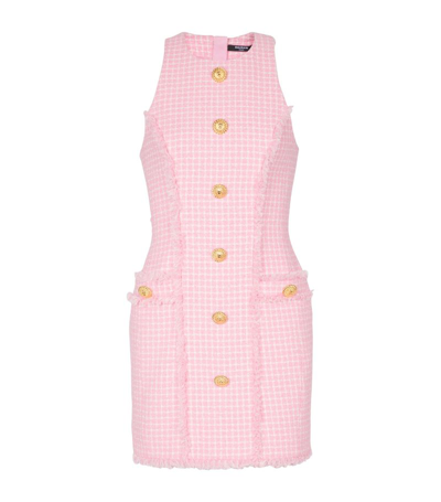Shop Balmain Gingham Sleeveless Mini Dress In Pink