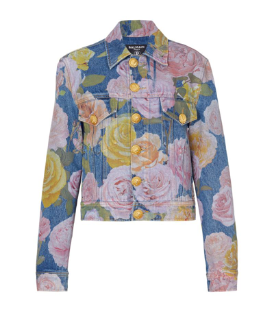 Shop Balmain Rose Print Cropped Denim Jacket In Blue