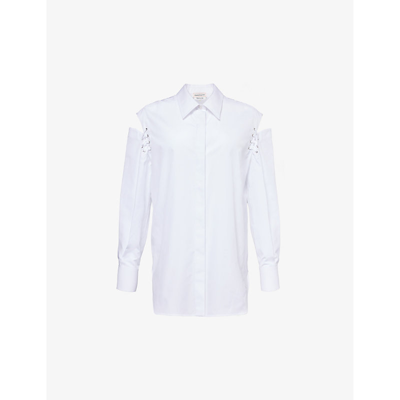 Shop Alexander Mcqueen Cut-out Long-sleeve Cotton Shirt In Opticalwhite