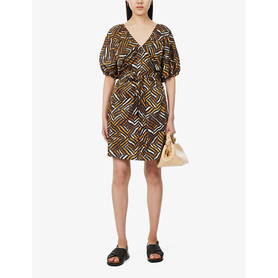 Weekend Max Mara Womens Ochre Curvone Graphic-print Stretch-cotton Mini Dress In Ochre