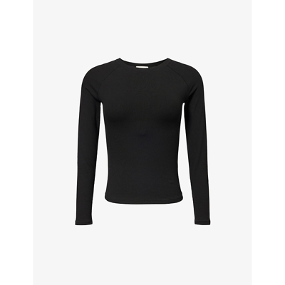 Shop Adanola Women's Black Ribbed Long-sleeve Stretch-woven Top