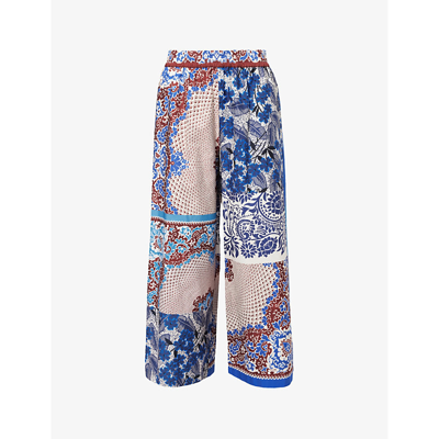 Shop Weekend Max Mara West Long Graphic-print Mid-rise Wide-leg Cotton Trousers In Cornflower Blue