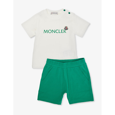 Shop Moncler Boys Aqua Kids Logo-print Two-piece Stretch-cotton Set 3-36 Months