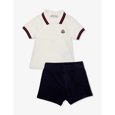 Shop Moncler Polo Brand-patch Two-piece Stretch-cotton Set 3-36 Months In Natural