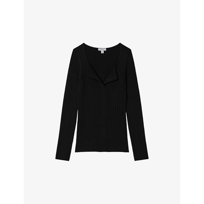 Shop Reiss Women's Black Monica Open-collar Stretch Rib-knit Top