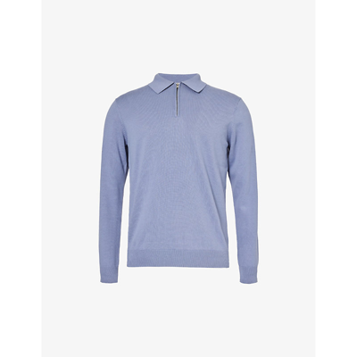 Shop Arne Mens Silk Blue Long-sleeved Zip-up Cotton Polo Shirt