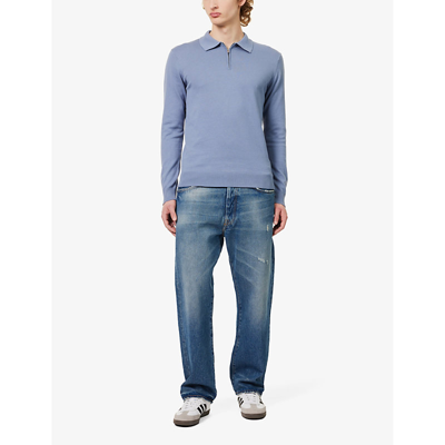 Shop Arne Men's Silk Blue Long-sleeved Zip-up Cotton Polo Shirt