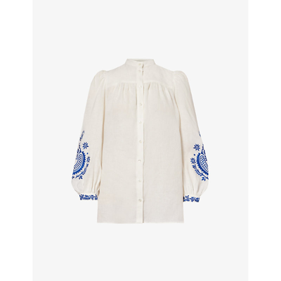 Shop Weekend Max Mara Women's White Carnia Brand-embroidered Regular-fit Linen Shirt