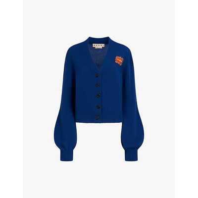 Shop Marni Brand-patch Puffed-sleeve Cashmere Cardigan In Royal