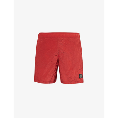 Shop Stone Island Men's Red Logo-appliqué Elasticated-waist Swim Shorts