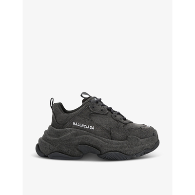 Shop Balenciaga Triple S Chunky-sole Leather And Denim Low-top Trainers In Black