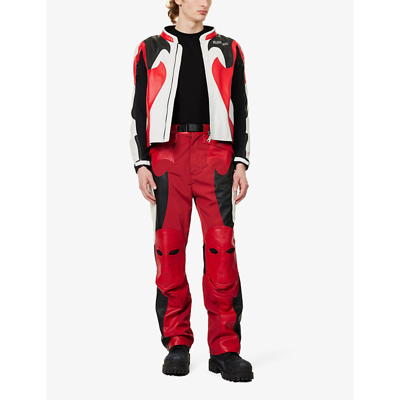 Shop Kusikohc Mens Red Rider Contrast-panel Straight-leg Leather Trousers