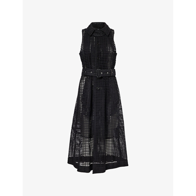 Shop Sacai Women's Black High-neck Semi-sheer Cotton Midi Dress