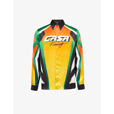 Shop Casablanca Men's Black Green Orange Casa Racing Colour-block Silk Shirt
