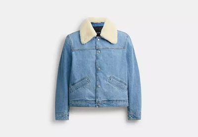 Shop Coach Outlet Denim Jacket With Shearling In Blue Denim