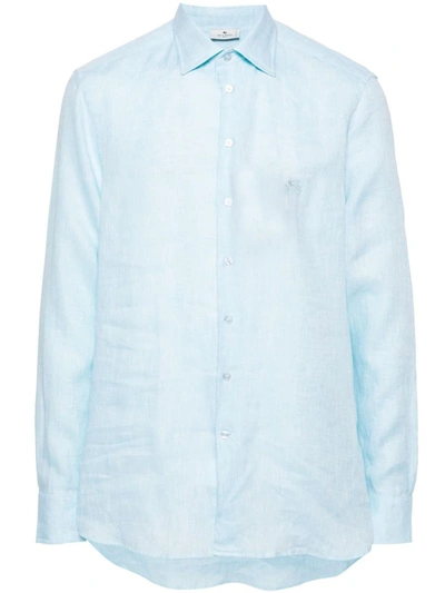 Shop Etro Linen Shirt With Pegasus Embroidery In Blue