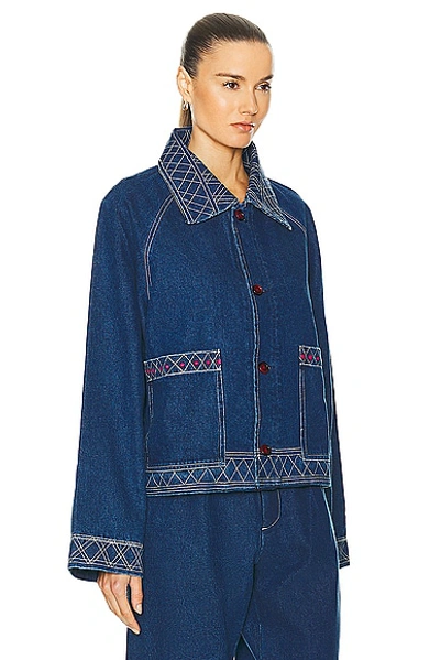 Shop Bode Embroidered Denim Jacket In Indigo