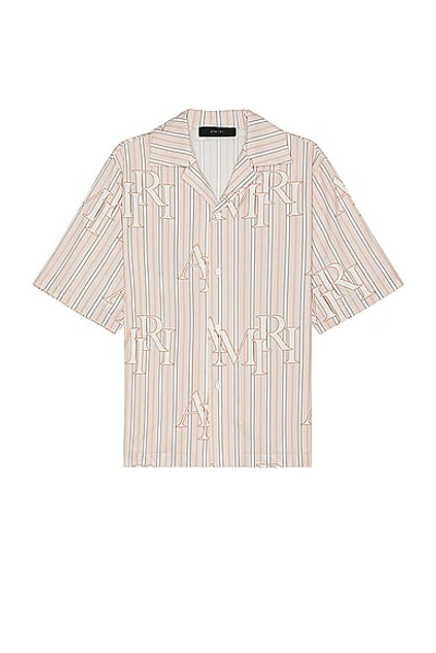 Shop Amiri Stripe Staggered Poplin Short Sleeve Shirt In Cream Tan