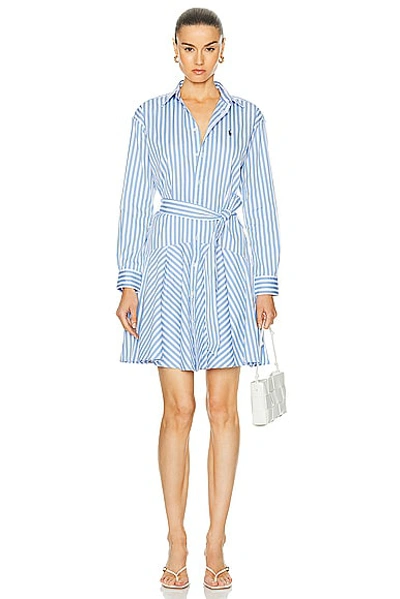 Shop Polo Ralph Lauren Long Sleeve Shirt Dress In White & Light Blue