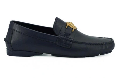 Pre-owned Versace Driver Men Navy Blue Loafers 100% Leather Medusa Logo Flat Slipper Shoes