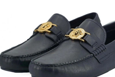 Pre-owned Versace Driver Men Navy Blue Loafers 100% Leather Medusa Logo Flat Slipper Shoes