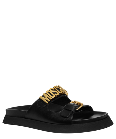 Pre-owned Moschino Sandals Men Mb28044g0iga0000 Black Block Heel Leather Logo Detail