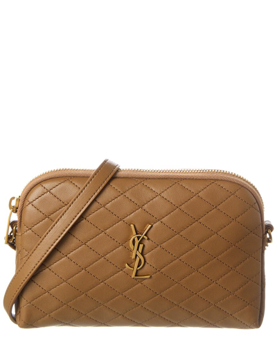 Shop Saint Laurent Gaby Chain Quilted Leather Phone Holder In Brown