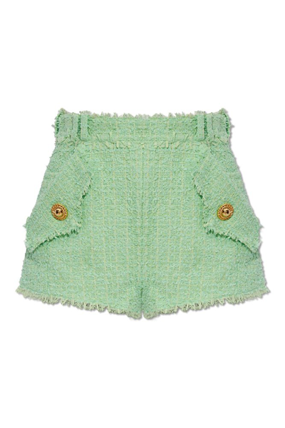 Shop Balmain Frayed Hem Shorts In Green