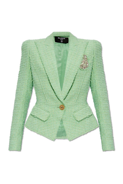 Shop Balmain Single Breasted Tweed Blazer In Green