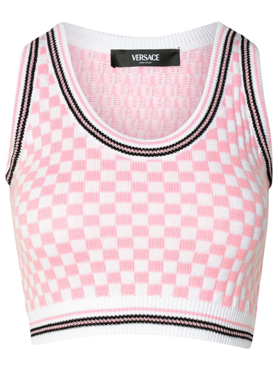 Shop Versace Checked Jacquard Knitted Cropped Top In Multi
