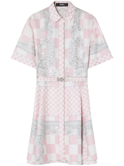 Shop Versace `silver Baroque` Print Mini Dress In Pink