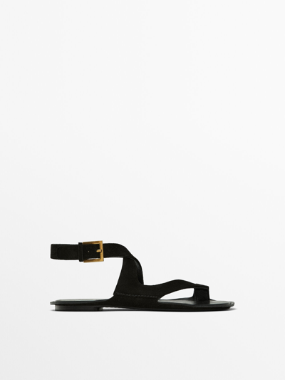 Shop Massimo Dutti Split Suede Flat Sandals In Black