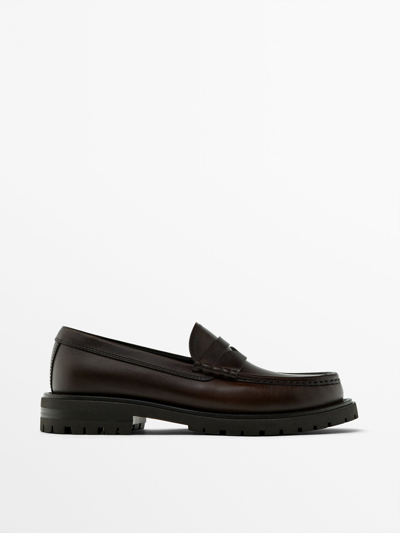 Massimo Dutti Brown Track Sole Loafers With Penny Strap In Brown