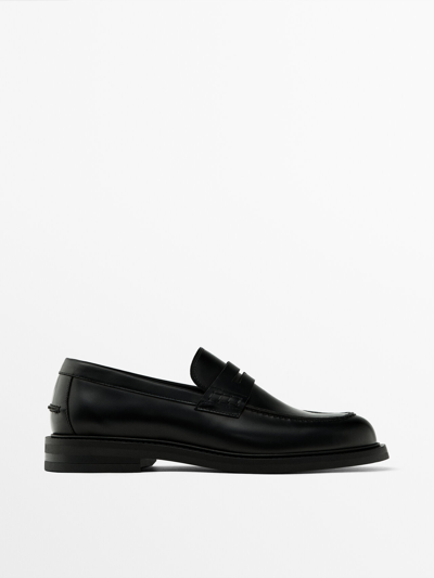 Massimo Dutti Black Leather Penny Loafers In Black