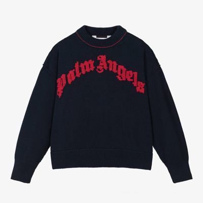 Shop Palm Angels Girls Navy Blue Knitted Sweater