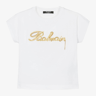 Shop Balmain Girls White Embroidered Cotton T-shirt